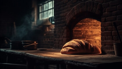 Old fashioned bread baking in rustic kitchen, a homemade comfort snack generated by AI - obrazy, fototapety, plakaty