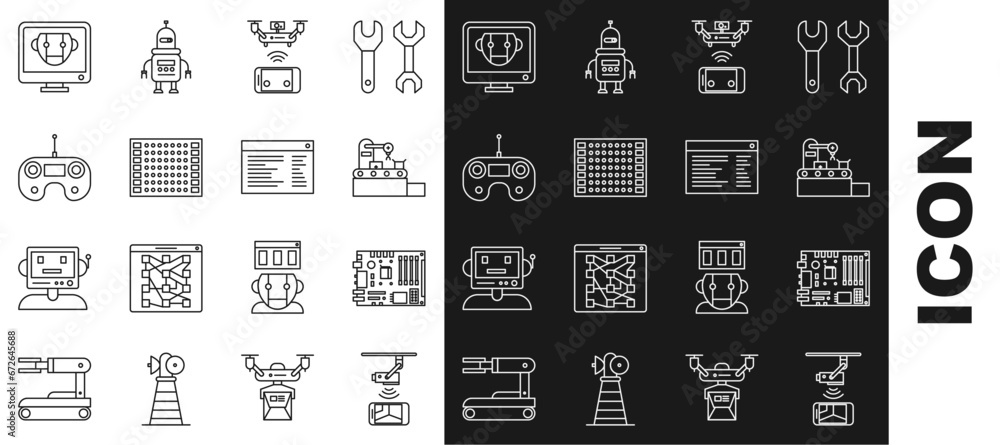 Poster set line wireless controlling cctv security camera, factory conveyor system belt, remote aerial dron