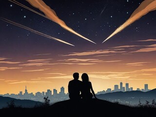 Rear view of a couple sitting on a hill against silhouette of a city downtown and sunset