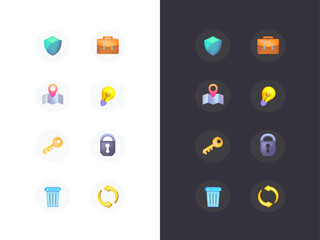 Simple set of colored icons for dark and light background. Contains such icons as briefcase, idea, map, refresh and others.