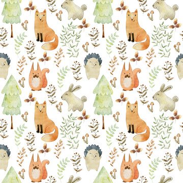 Watercolor forest wildlife seamless pattern with animals and leaves. Cute cartoon characters.