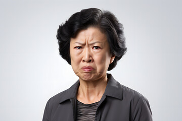 Obraz premium Disgusted mature Asian woman portrait. Neural network generated photorealistic image. Not based on any actual person or scene.