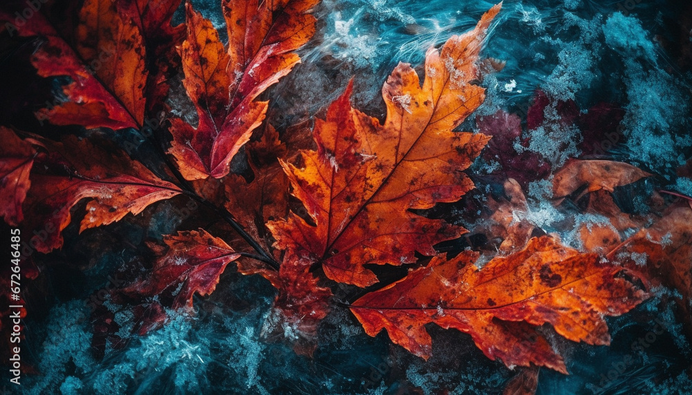 Sticker vibrant maple leaf falls in autumn, creating beautiful grunge backdrop generated by ai