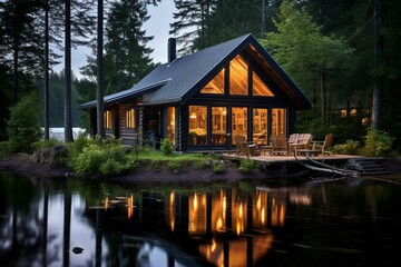 Tranquil lakeside cabin surrounded by Scandinavian log architecture and a peaceful atmosphere. Generative AI