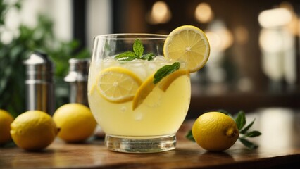 Close-up high-resolution image of healthy lemonade made of real lemons. Generative AI.