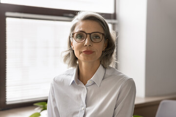 Positive grey haired senior woman in stylish glasses home casual portrait. Pretty mature business professional lady posing at window in office, looking at camera. Video call, screen head shot