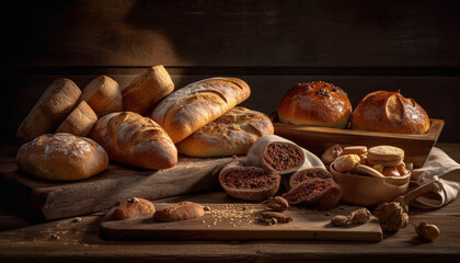 A rustic basket of French breads, fresh and ready to eat generated by AI