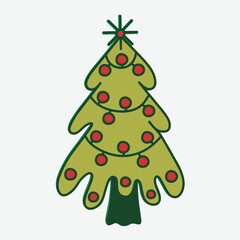 Christmas trees, pines for greeting card, invitation, banner, web. New Years and Xmas traditional symbol tree with garlands, light bulb, star. Winter holiday. Icons collection