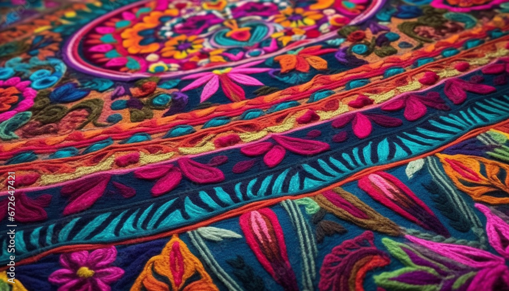 Poster vibrant colors and intricate patterns adorn this handmade tapestry rug generated by ai