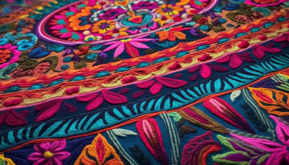 Vibrant colors and intricate patterns adorn this handmade tapestry rug generated by AI