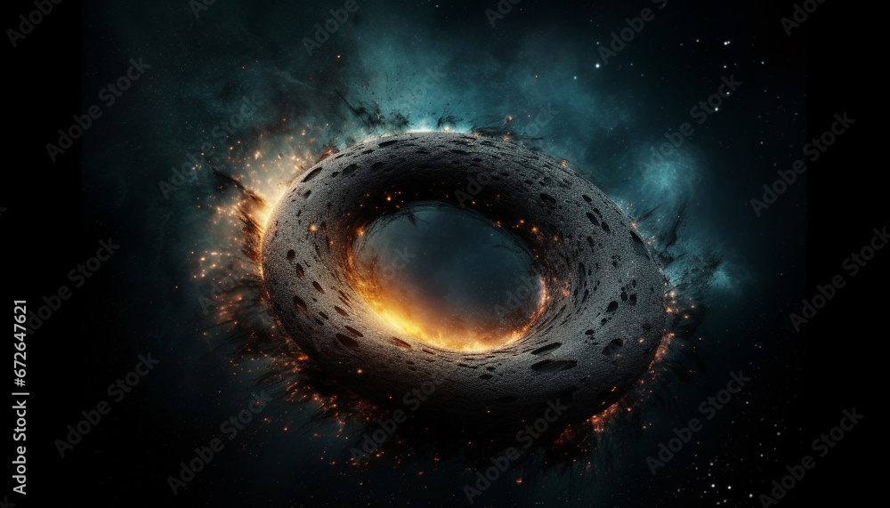 Poster spaceship orbiting glowing planet in abstract landscape of natural phenomenon generated by ai
