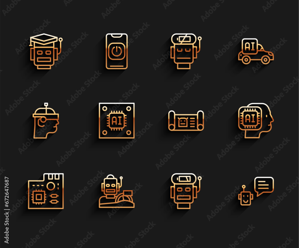Aufkleber set line motherboard digital chip, robot humanoid driving car, low battery charge, bot, processor wi