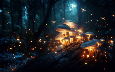 Glowing mushrooms in a fantasy forest Mushroom spores floating in the air depicted in abstract forest at night that the spam saw floating and glittering