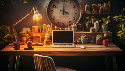 A modern office desk with a computer, clock, and plant generated by AI