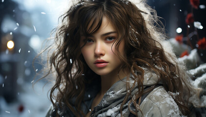 Fototapeta premium Beautiful caucasian woman with long brown hair looking at camera generated by AI