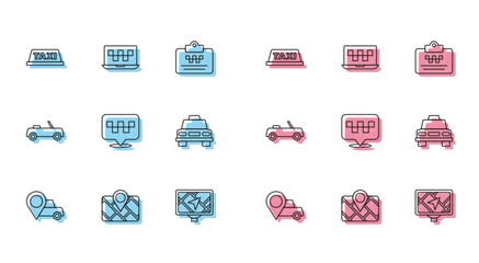 Set line Location with taxi, Gps device map, Taxi car roof, Car and Laptop call service icon. Vector