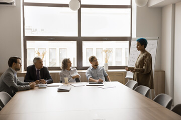 Young African American creative manager girl talking to diverse coworkers, presenting sales report, brainstorming idea, project plan, marketing strategy, speaking at whiteboard on meeting