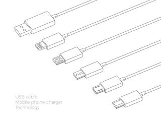 Set of USB cable icons, Mobile phone charger, Vector illustration.
