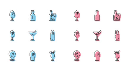 Set line Alcohol or beer bar location, Glass of, Cocktail, Martini glass, Bloody Mary, and bottle vodka icon. Vector