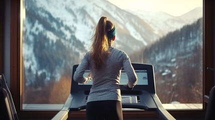 A beautiful muscular Woman, running on a treadmill, beautiful mountains outside the window, a...