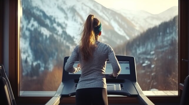 A beautiful muscular Woman, running on a treadmill, beautiful mountains outside the window, a winter forest. The concept of health, sports.