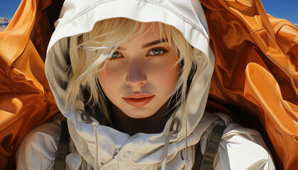 Young woman with blond hair looking at camera in nature generated by AI