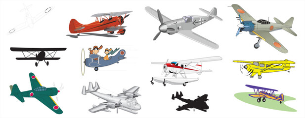 Cliparts of propeller planes miscellaneous aviation flying machines equipments aircrafts history etc - compendium vector illustrations editable best art design for multipurpose use in high definition 