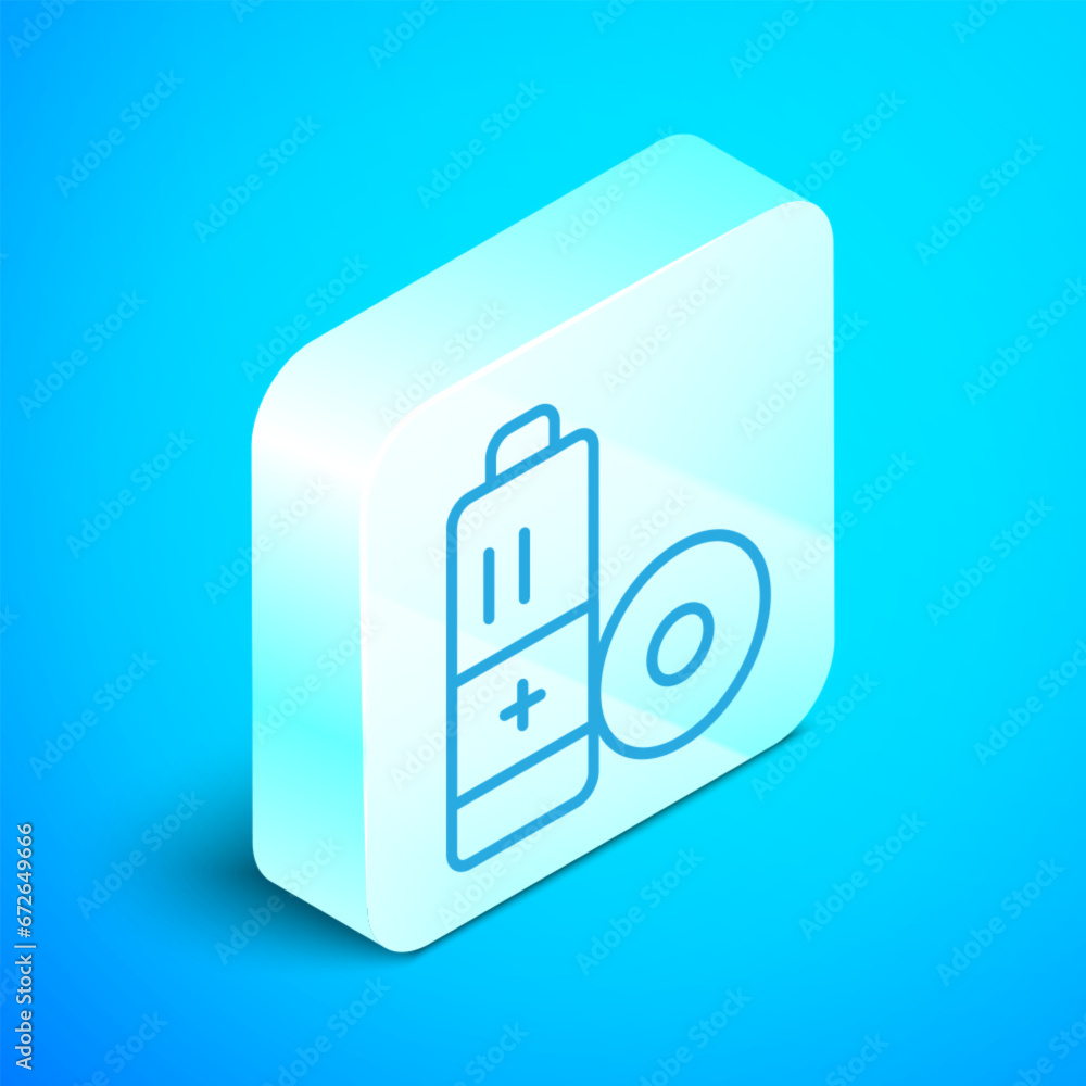 Sticker Isometric line Battery icon isolated on blue background. Lightning bolt symbol. Silver square button. Vector