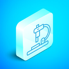 Isometric line Microscope icon isolated on blue background. Chemistry, pharmaceutical instrument, microbiology magnifying tool. Silver square button. Vector