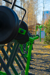 Strength training equipment in the autumn park