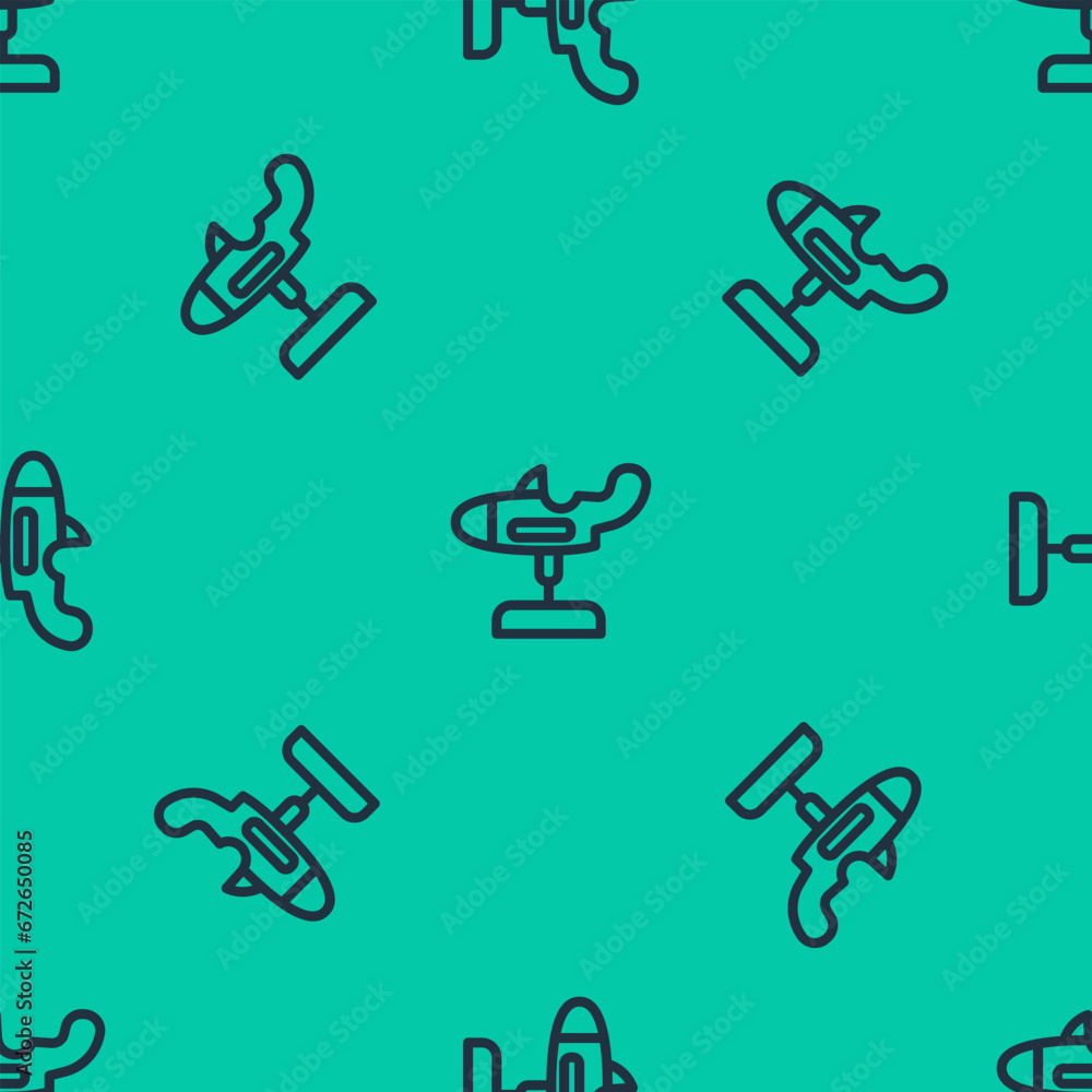 Poster blue line swing plane on the playground icon isolated seamless pattern on green background. children