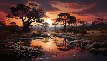 Sunset over African savannah, reflecting beauty in tranquil nature generated by AI