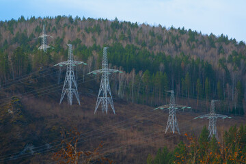 High voltage pylons in the middle of the forest