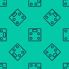 Blue line Bathroom scales icon isolated seamless pattern on green background. Weight measure Equipment. Weight Scale fitness sport concept. Vector