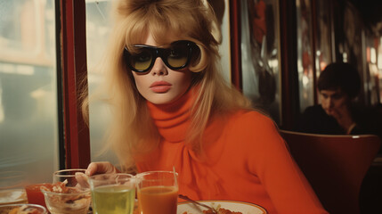 Obraz premium Portrait of a classic 80s blonde woman with sunglasses wearing an orange sweater