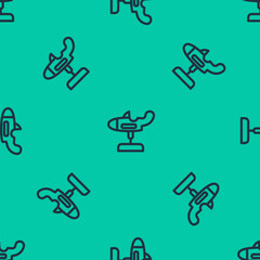 Blue line Swing plane on the playground icon isolated seamless pattern on green background. Childrens carousel with plane. Amusement icon. Vector