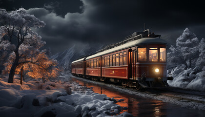 A snowy night, a steam train races through the dark forest generated by AI