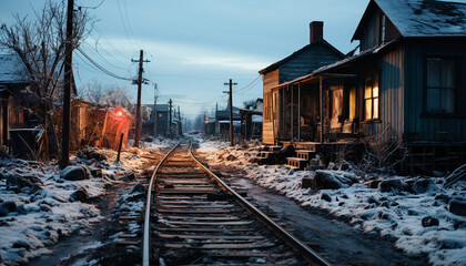 Fototapeta na wymiar Snow covered railroad track in the winter, old and abandoned, nature transportation generated by AI