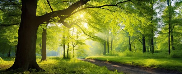 Enchanted forest serenity. Capturing magic of sunlight and mist in nature realm. Woodland magic. Sunbeams and create an ethereal morning