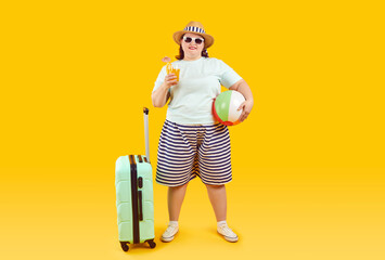 Fat woman enjoying holiday. Full body funny chubby lady wearing summer clothes, with suitcase,...
