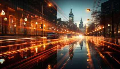 Fototapeta na wymiar Night illuminates famous cityscape, traffic blurs in architectural motion generated by AI