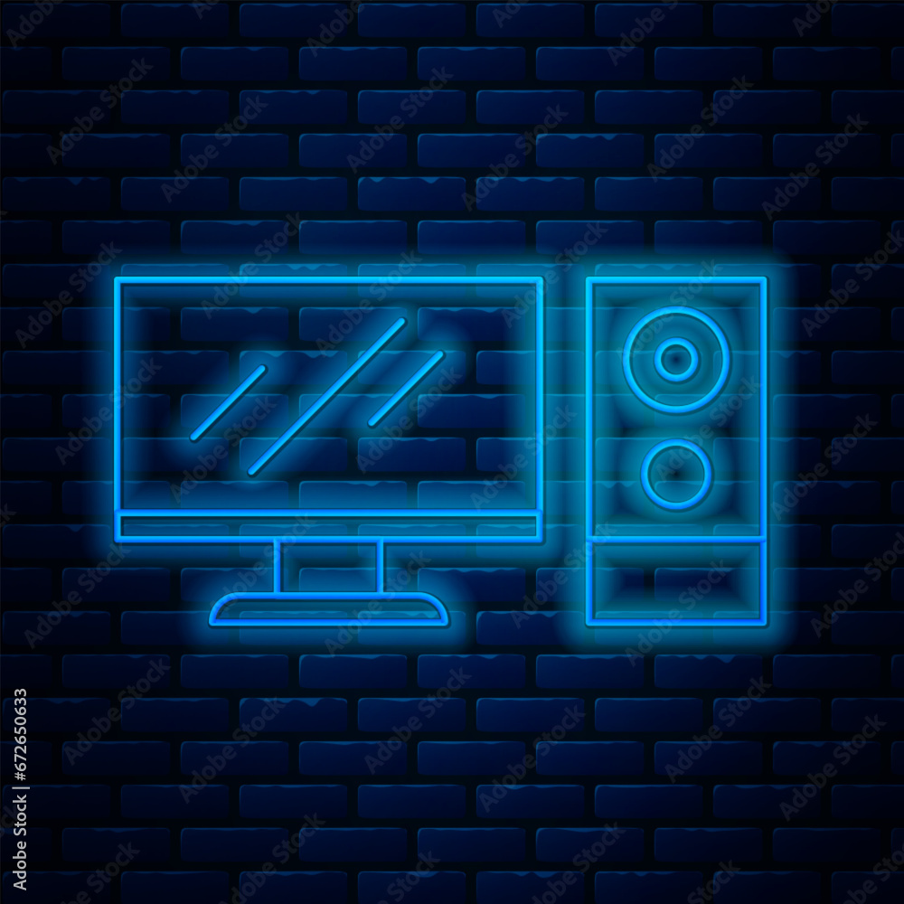 Poster glowing neon line computer monitor icon isolated on brick wall background. pc component sign. vector
