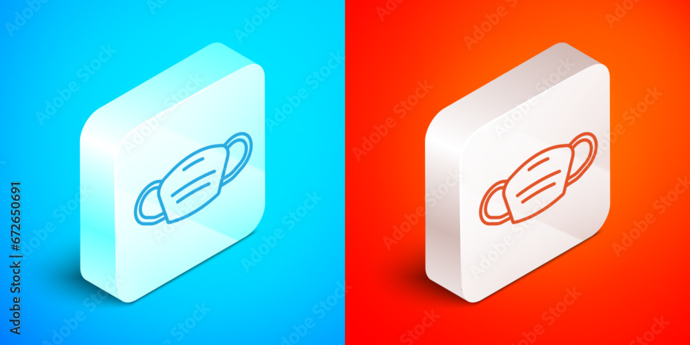 Sticker Isometric line Medical protective mask icon isolated on blue and red background. Silver square button. Vector