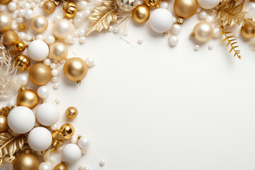 Fototapeta na wymiar Gold and white christmas ornaments on white background. Copy/blank space for text.
