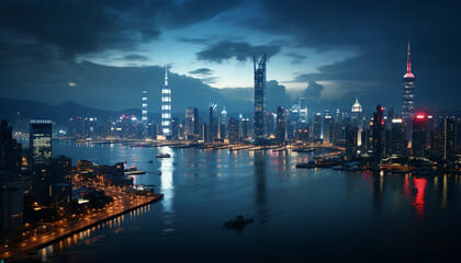 Fototapeta premium Night illuminates urban skyline, a modern cityscape reflecting financial district generated by AI