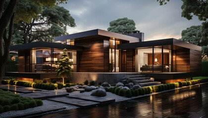 Modern architecture, dusk, swimming pool, window, tree, nature generated by AI