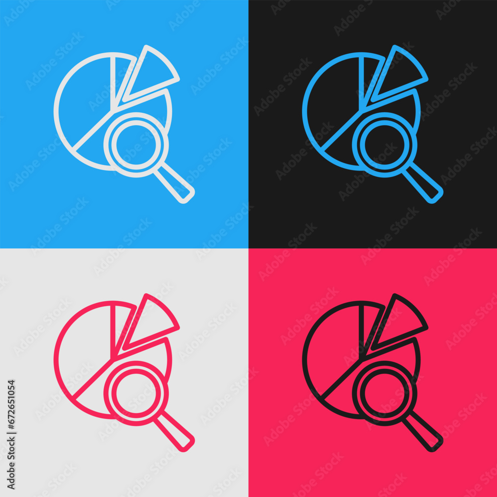 Poster pop art line magnifying glass and data analysis icon isolated on color background. search sign. vect