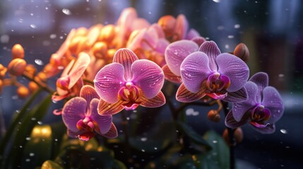 Beautiful orchid flowers blooming in the garden. Mother's day concept with a space for a text. Valentine day concept with a copy space.