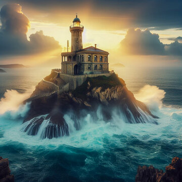 Lighthouse on top of a rock with the waves hitting it