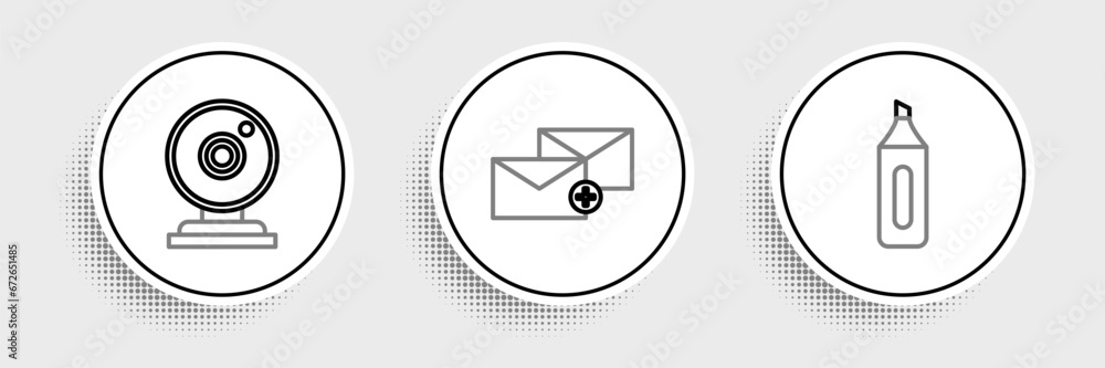 Poster set line marker pen, web camera and envelope icon. vector